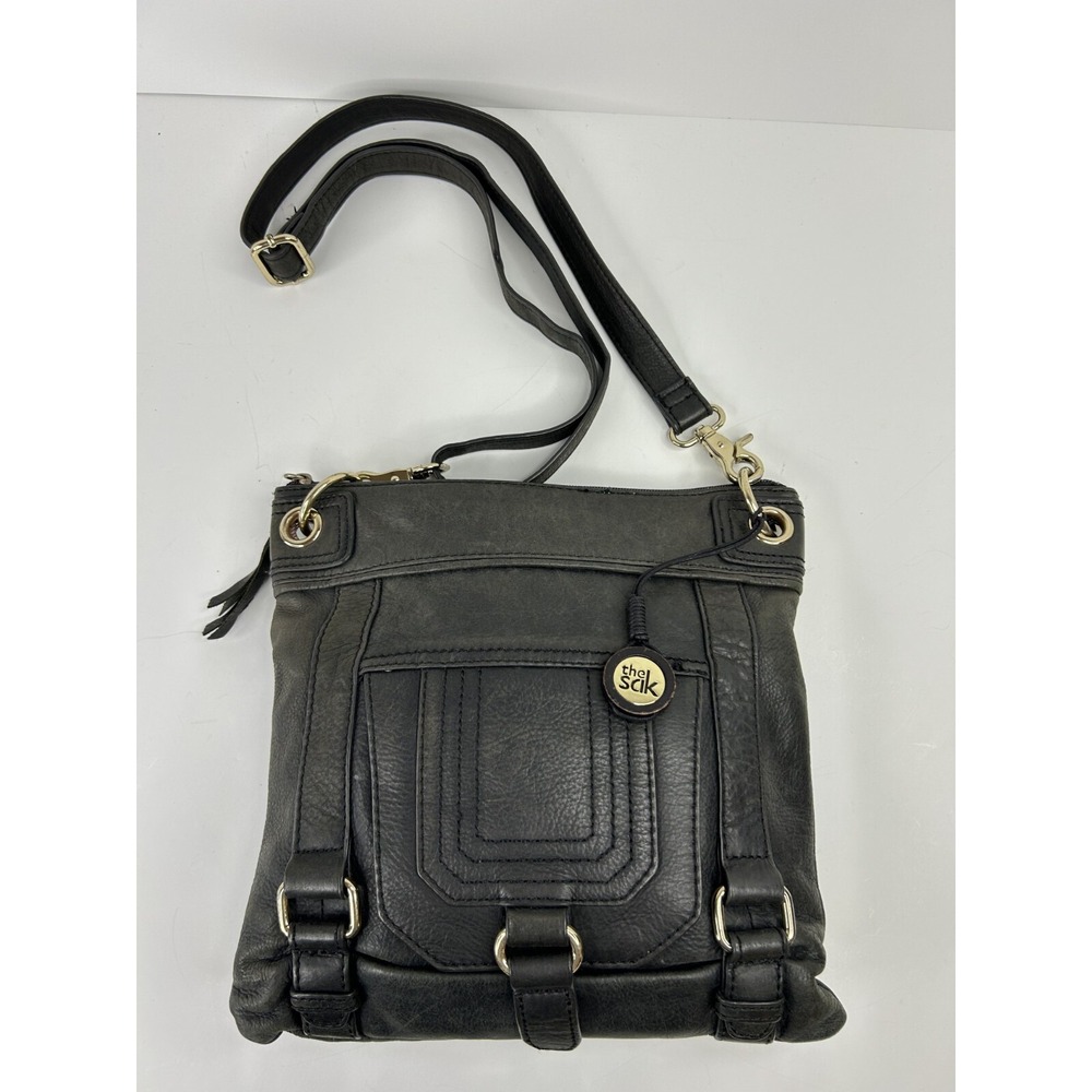 The Sak Peace Free‎ Gray Textured Leather Medium Crossbody Bag Front Organizer
